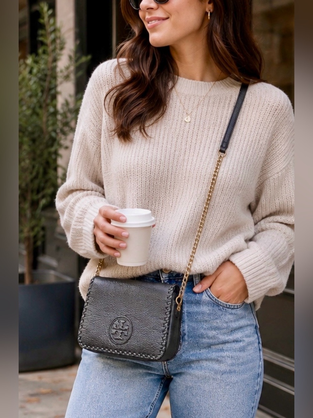 Tory Burch Black Leather Crossbody Bag with Braided Trim & Gold Chain
